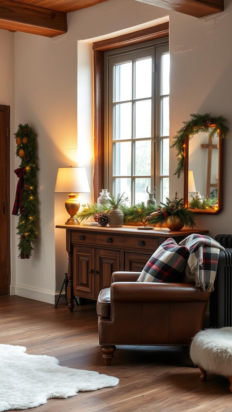 1. Rustic Charm with a Vintage Console and Garland