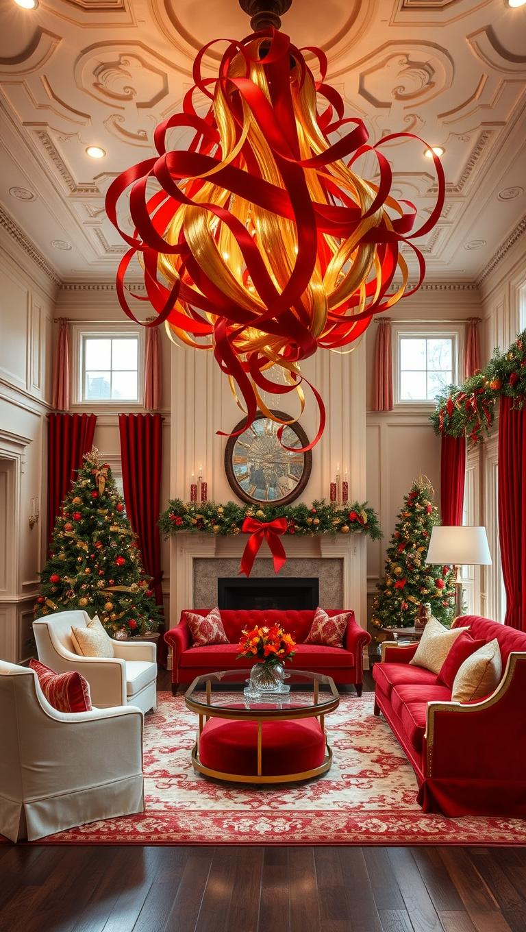 10. Red and Gold Ribbon Chandelier or Ceiling Decor