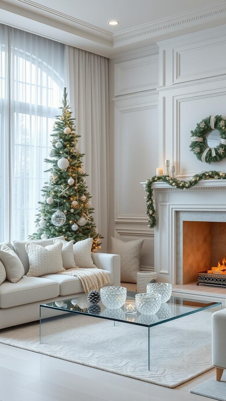 13. Snowy White Decor with Glass Ornaments