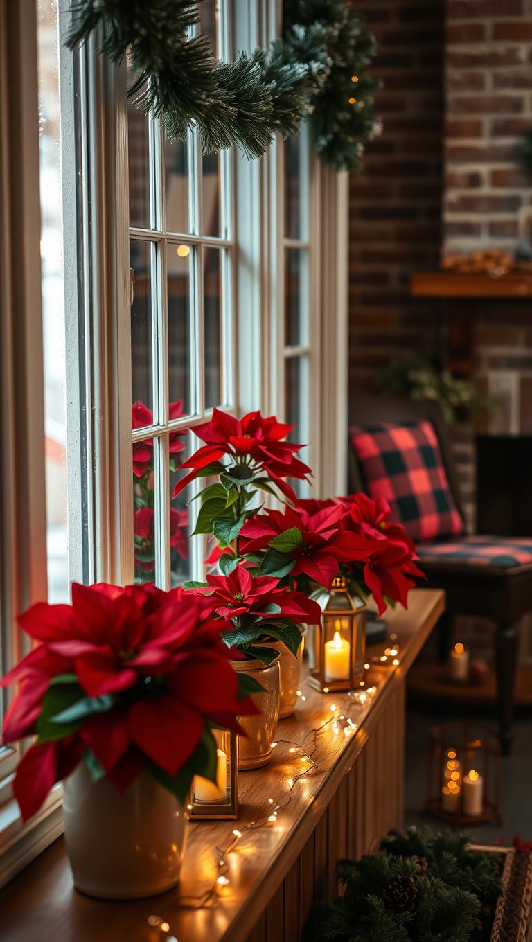 13. Windowsill Poinsettias and Lanterns