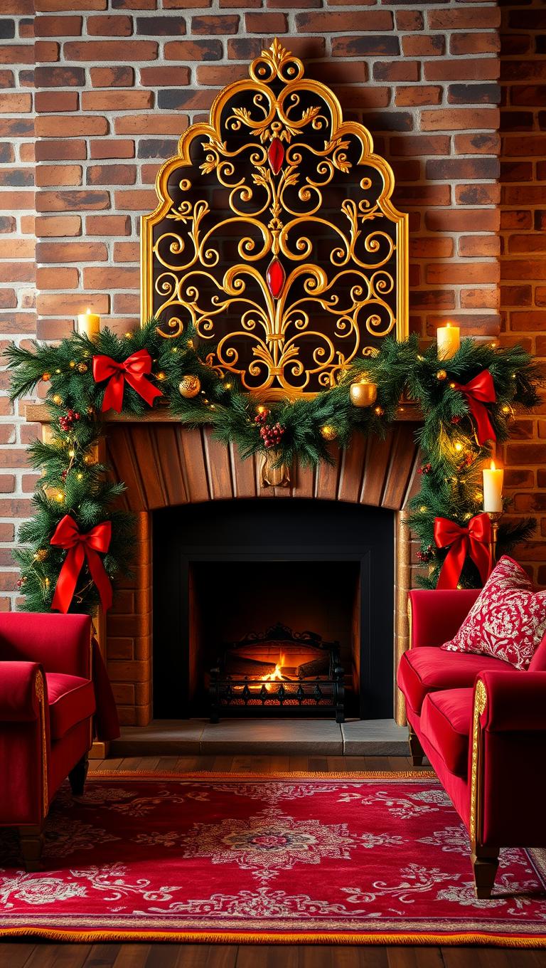 14. Fireplace Screen Decor with Red and Gold