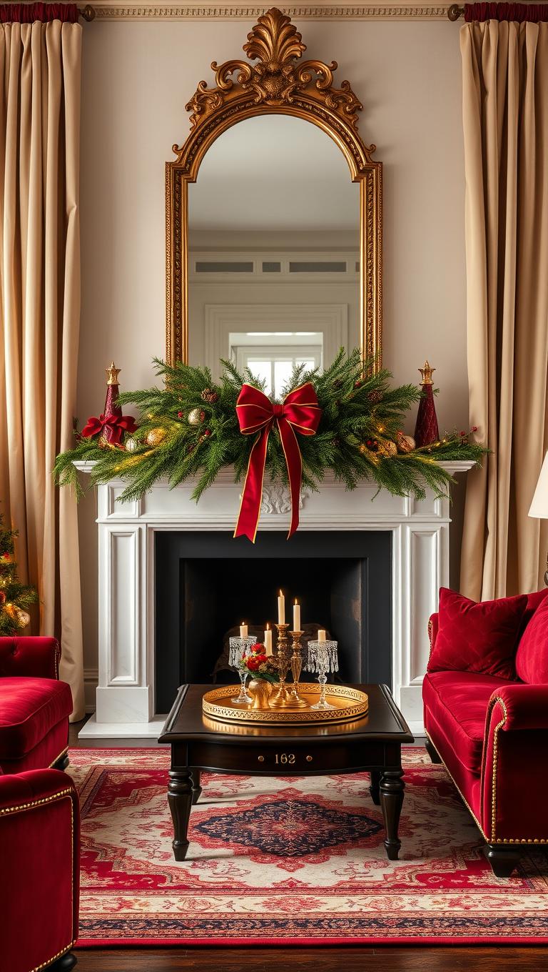 15. Wreath on Mantel and Mirror with Red and Gold Accents