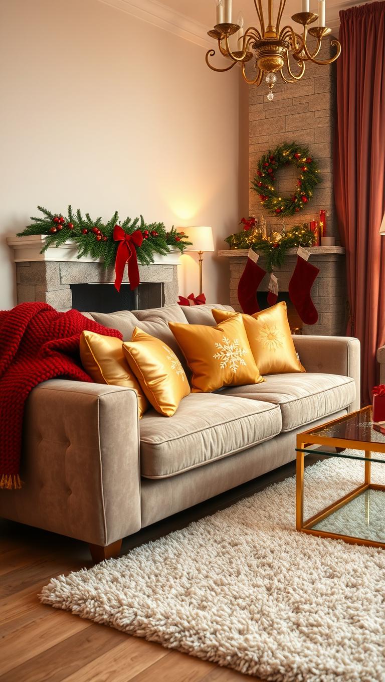 17. Textured Throw and Pillows in Red and Gold