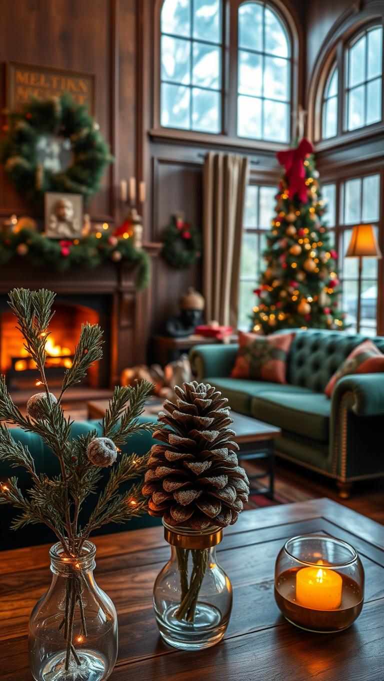 21. Pinecone Arrangements in Mercury Glass Vases