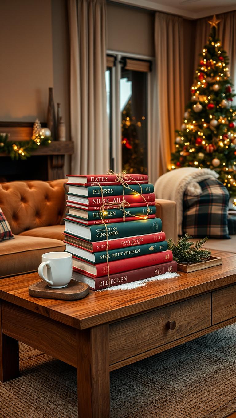 22. Festive Book Stack Decoration