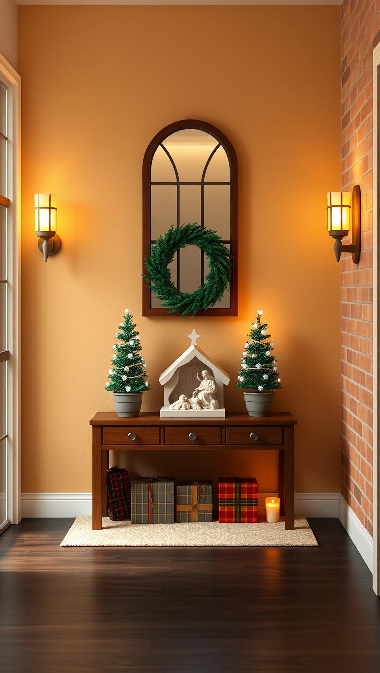 25. Entry Console Table with Nativity and Mini Trees