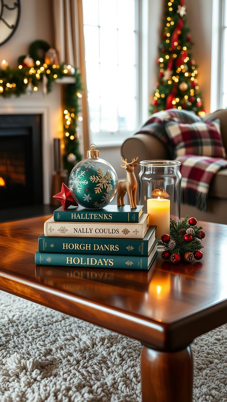 25. Holiday Book Stack with Ornaments