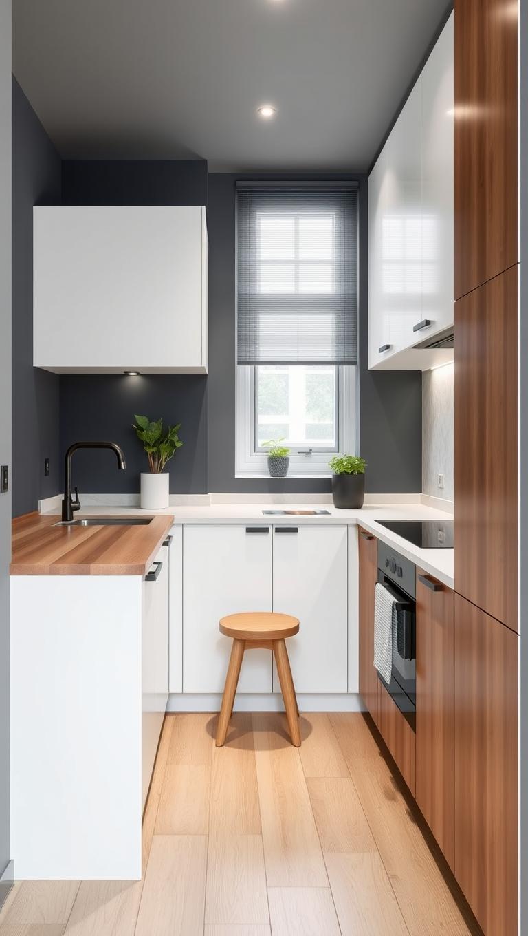 27. Monochrome palette with warm wood accents