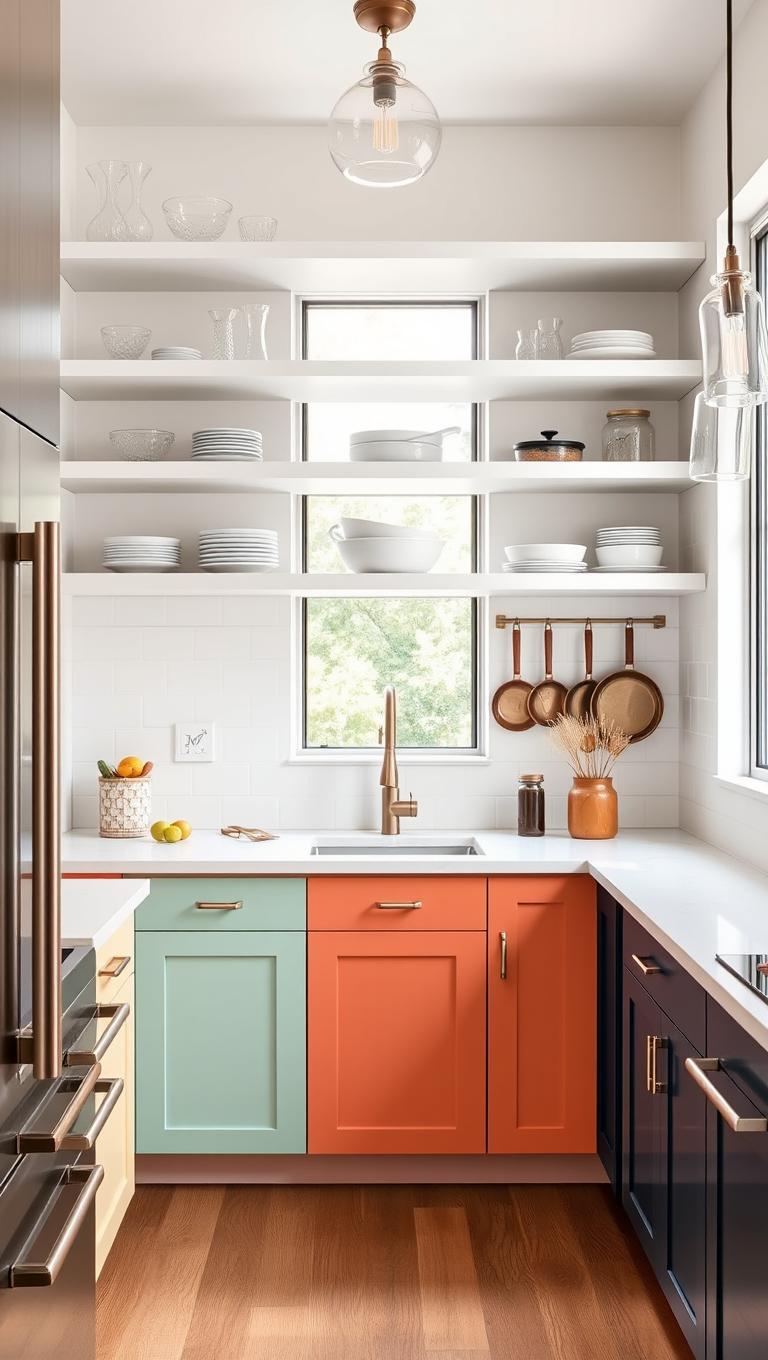 28. Open Shelving with Colorful Cabinets