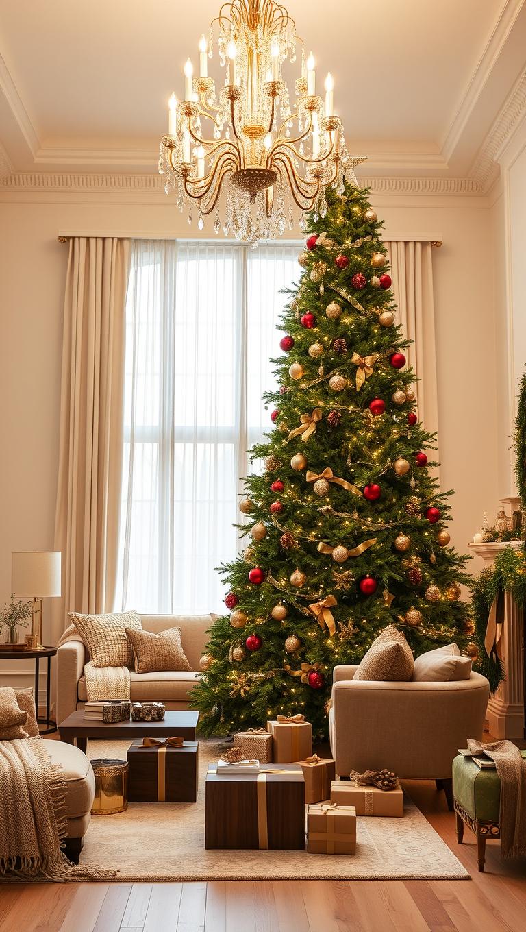 28. Tree under a chandelier for festive glow