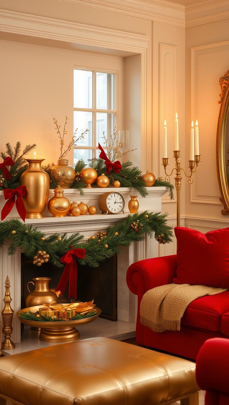 3. Gold Metallic Accents on Mantel