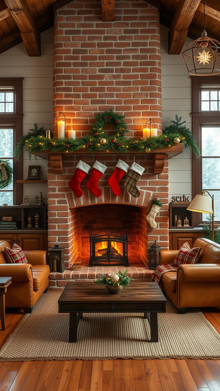 3. Rustic Brick Fireplace with Stockings and Garland