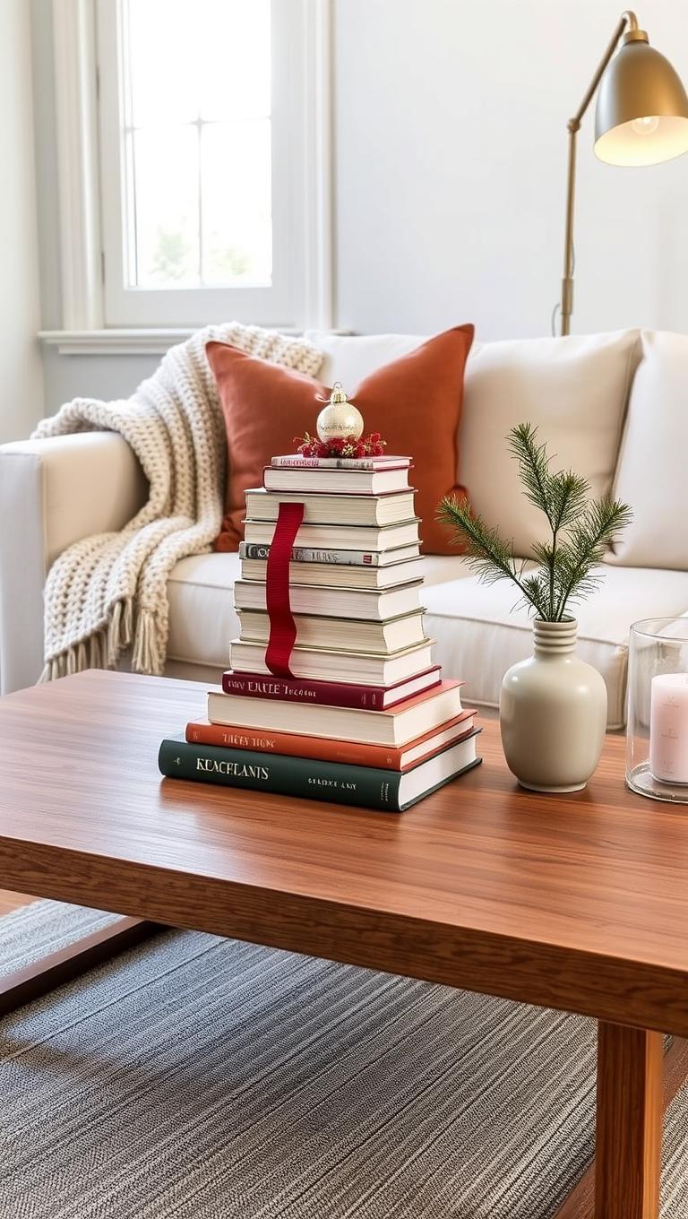 30. Holiday Book Stack with Ornaments