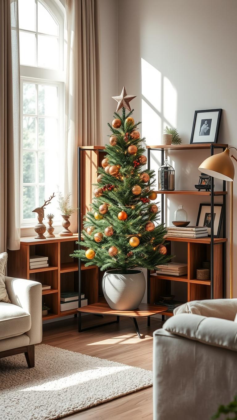 30. On a corner shelving unit