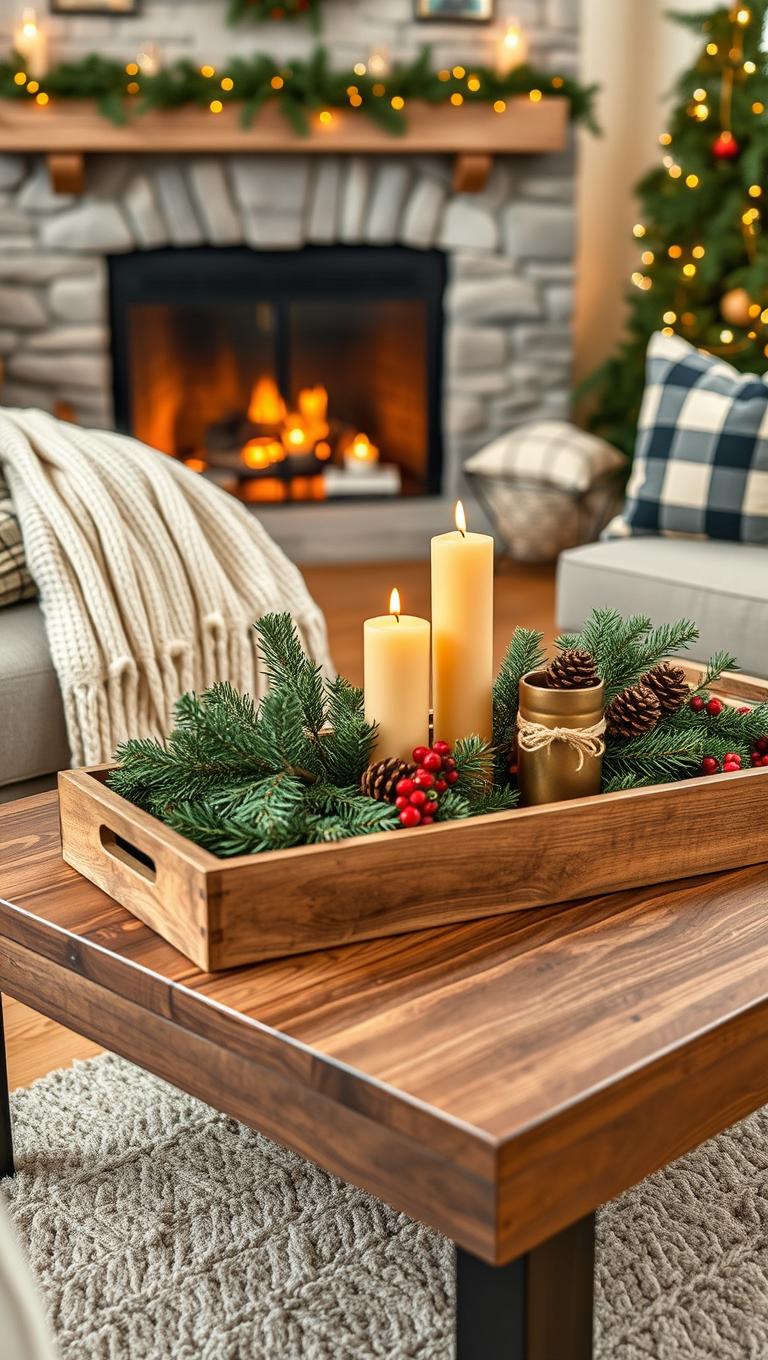 31. Rustic Wooden Tray with Pines and Candles