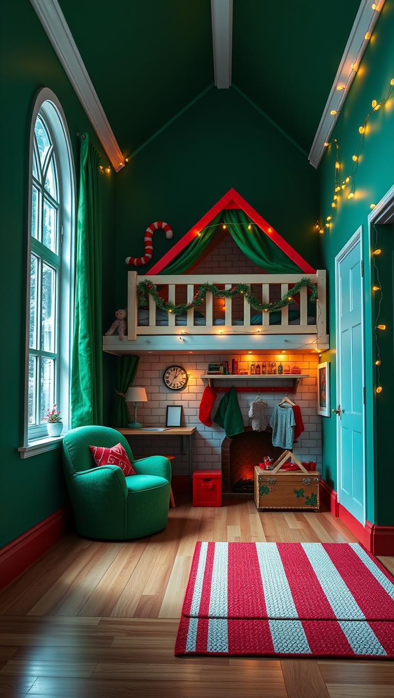 36. Kids Bedroom with Elf Theme and Red Green Accents