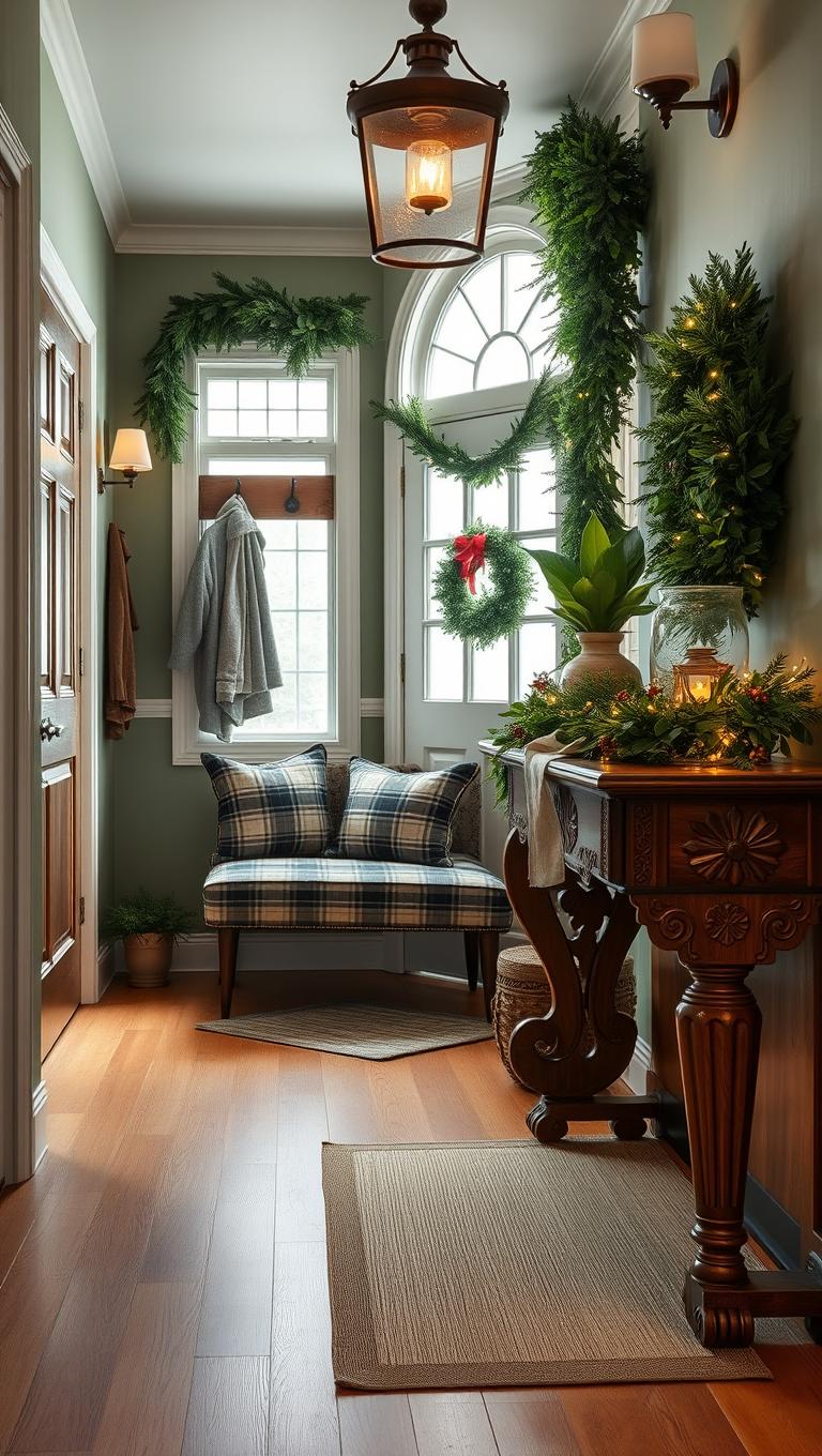 4. Greenery Laden Entryway with Pine and Eucalyptus Garlands
