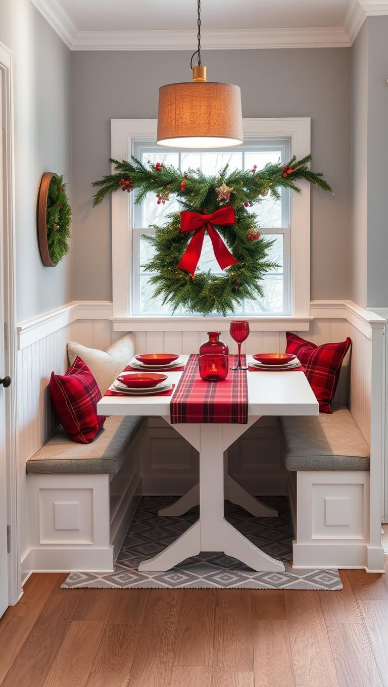 5. Soft Gray and White Dining Nook with Red Accents