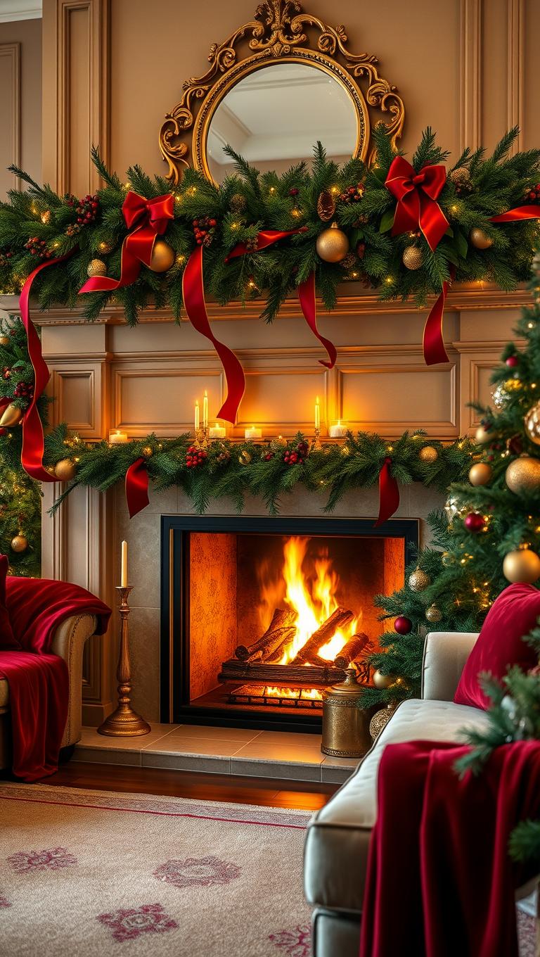 7. Red and Gold Garland Across Mantel