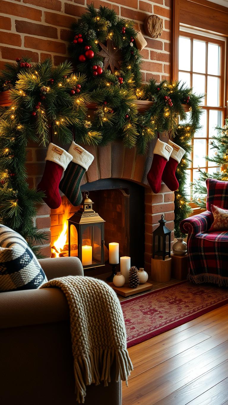 8. Fireplace Mantel Centerpiece with Stockings and Lanterns