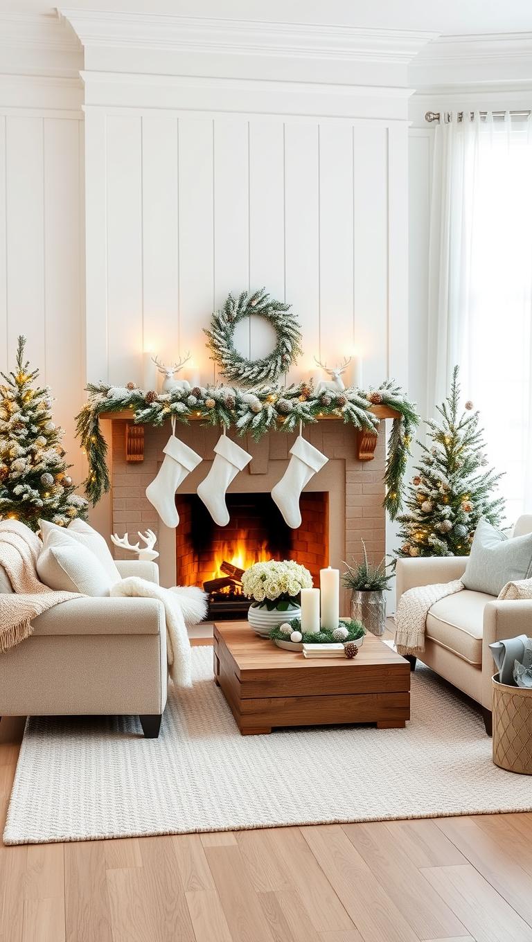 8. Snowy Mantel Decor with Natural Wood