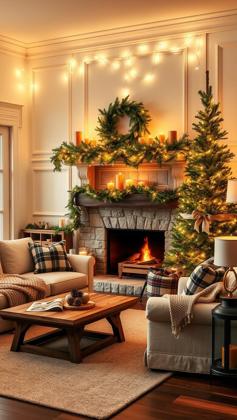 1. Warm White String Lights Cascading Over a Mantel