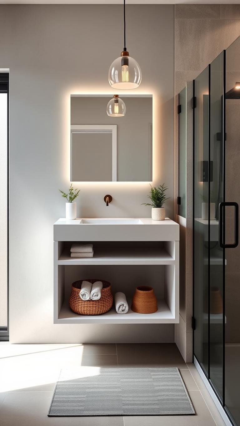 10. Floating Vanity with Open Shelf