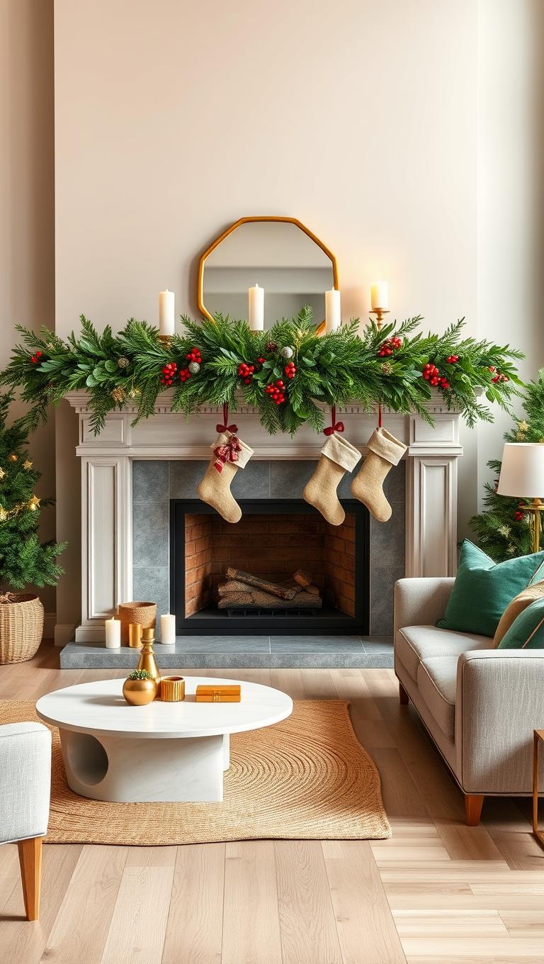 12. Greenery Dominant Mantel with Pine Garlands