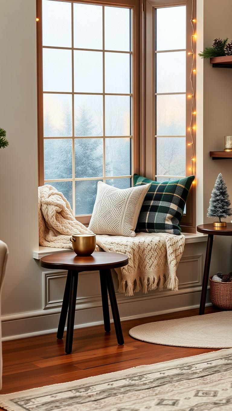 14. Cozy Reading Nook with Holiday Throw Pillows