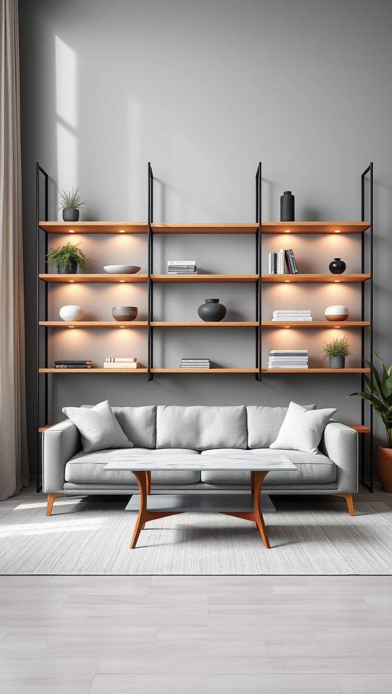 18. Open Shelving with Grey Backdrop