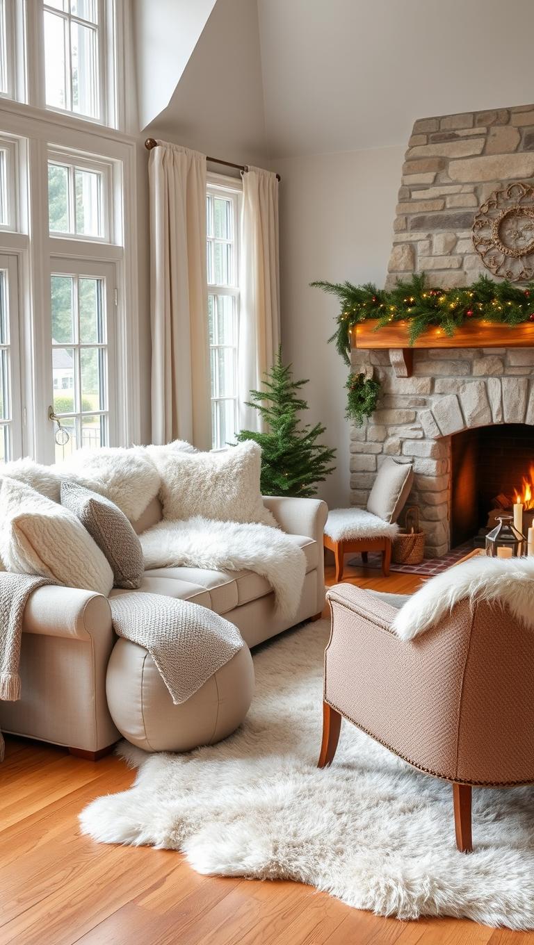 2. Cozy Faux Fur Throws and Pillows in Neutral Tones