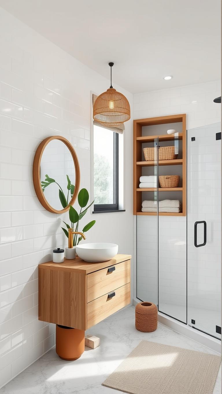 2. White Tiles with Natural Wood Accents