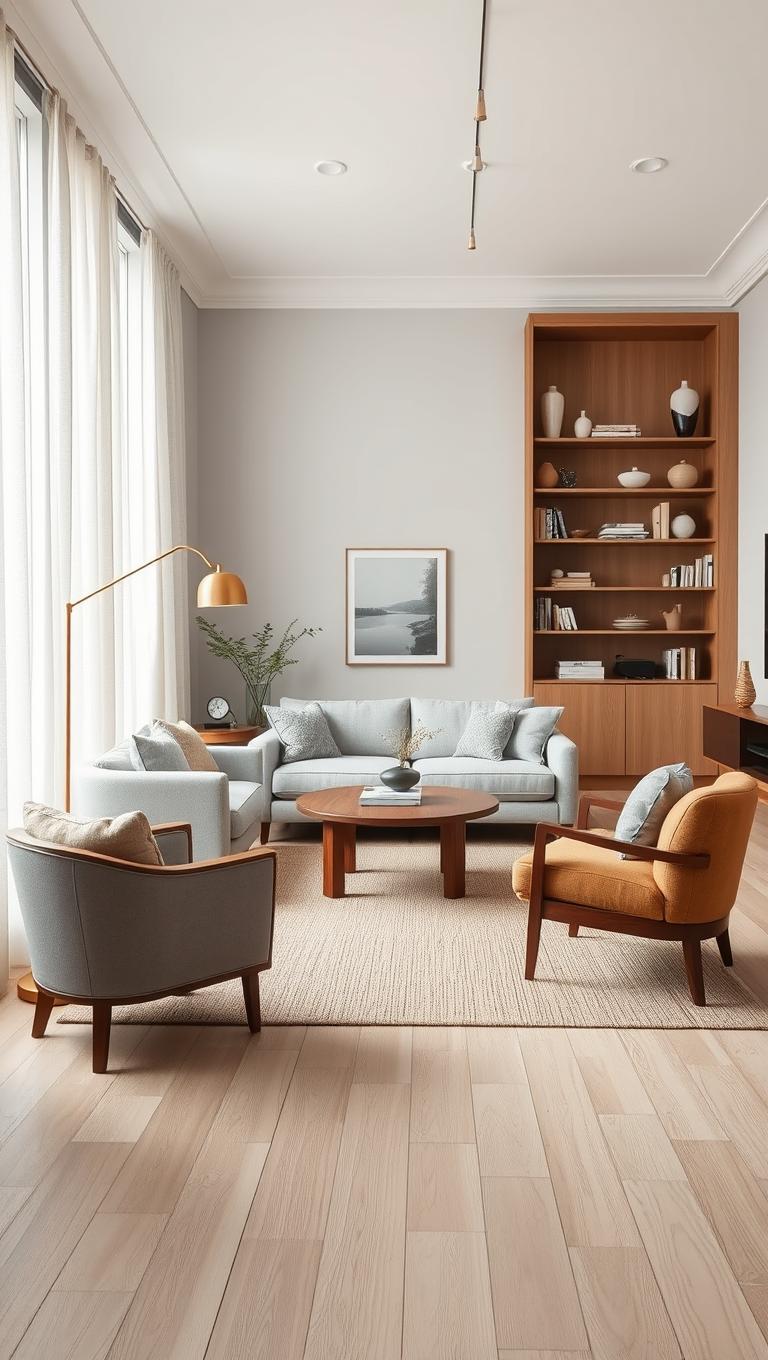 3. Light Grey with Warm Woods