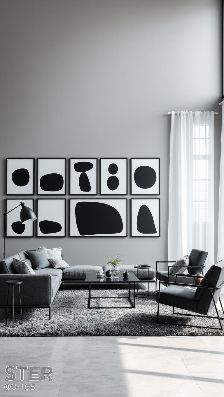 33. Bold Black and White Artwork on Grey Wall