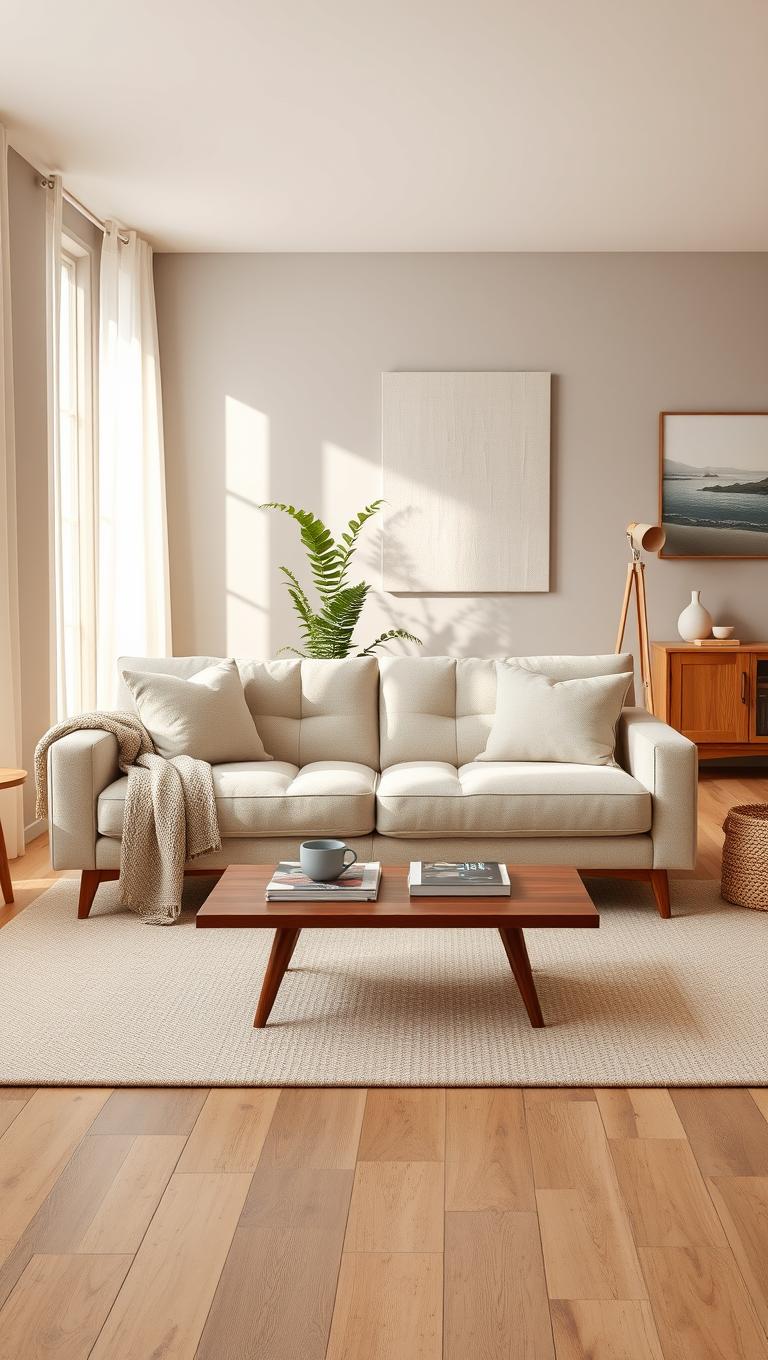 37. Beige Linen Sofa with Wood Legs