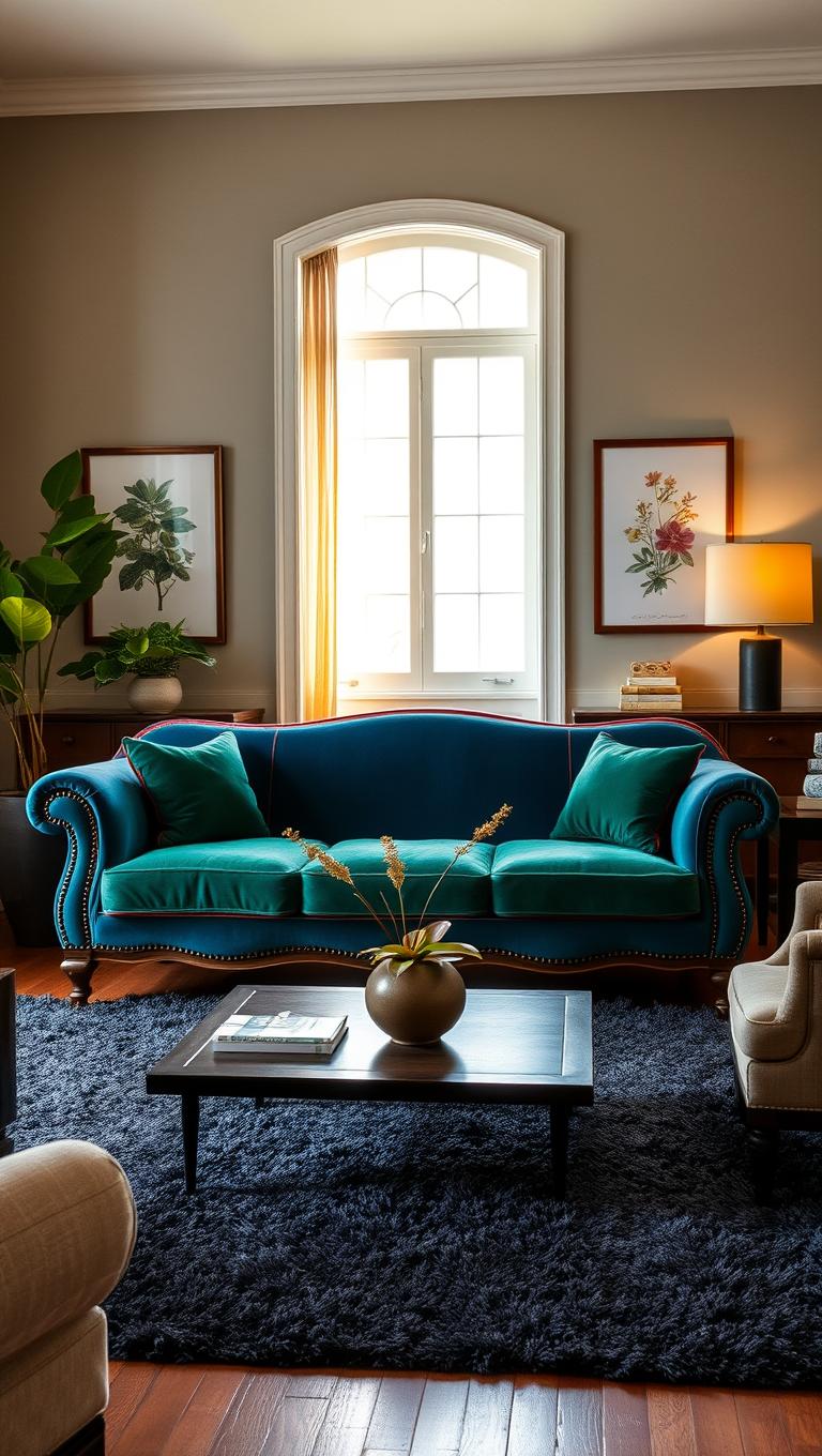 9. Reupholstered Vintage Sofa in Jewel Tones